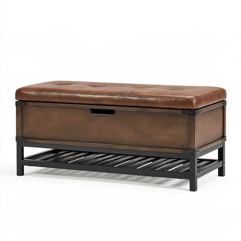 Panca contenitore 110 x 45 x 50 cm in similpelle marrone con ripiano metallico stile industriale