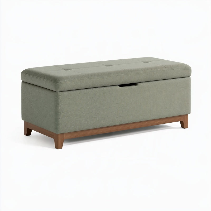 Panca contenitore 120 cm in tessuto verde salvia con base in legno - seduta imbottita moderna