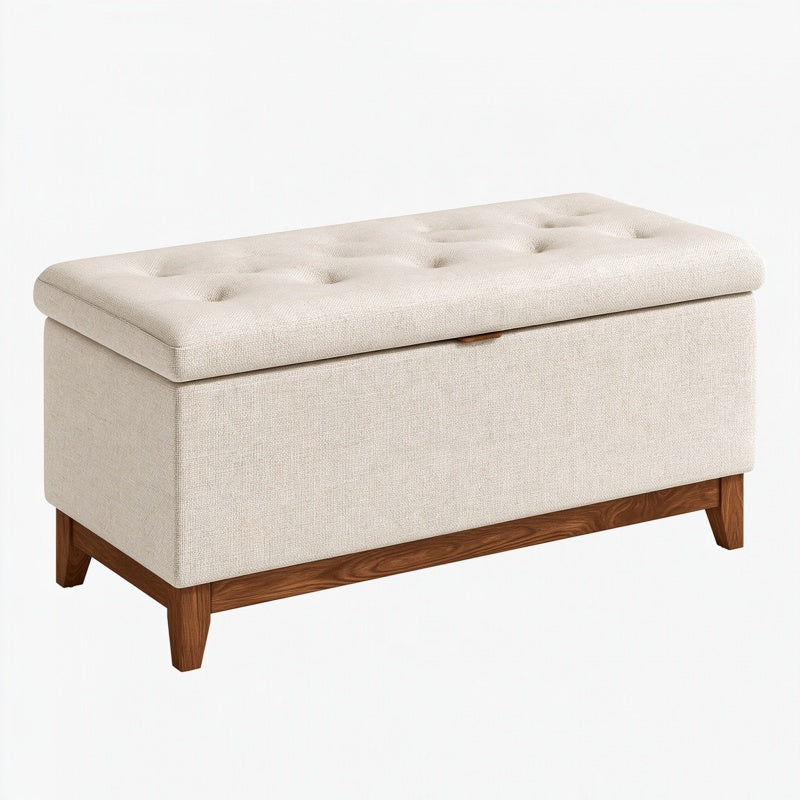 Panca contenitore 100 x 40 x 48 cm in tessuto beige con base in legno stile moderno