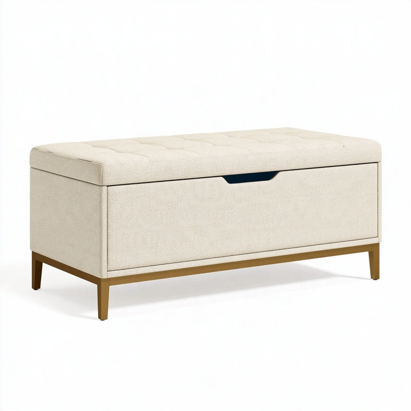 Panca contenitore 100 x 40 x 45 cm in tessuto crema con cassetto e gambe in metallo dorato