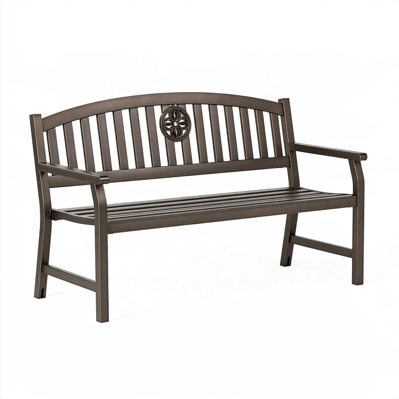 Panchina da giardino 122 cm in metallo marrone scuro con braccioli stile classico