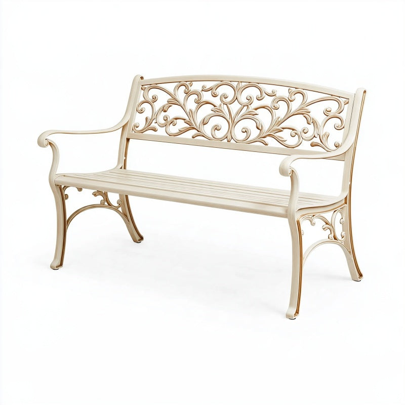 Panca da giardino 120 cm in ferro avorio con schienale decorativo classico