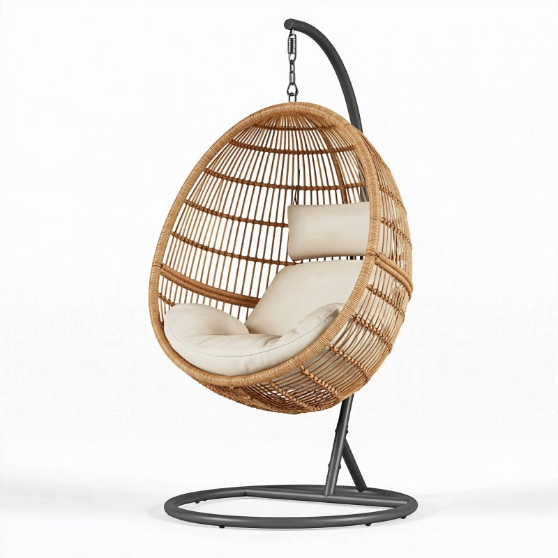 Poltrona sospesa 105 x 105 x 195 cm in rattan beige con struttura in acciaio stile boho